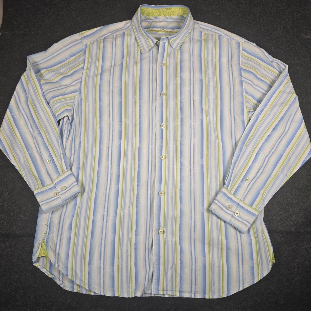 Tommy Bahama Mens Long Sleeve Cotton Shirt Sz L BLue Green Stripe Floral Pattern